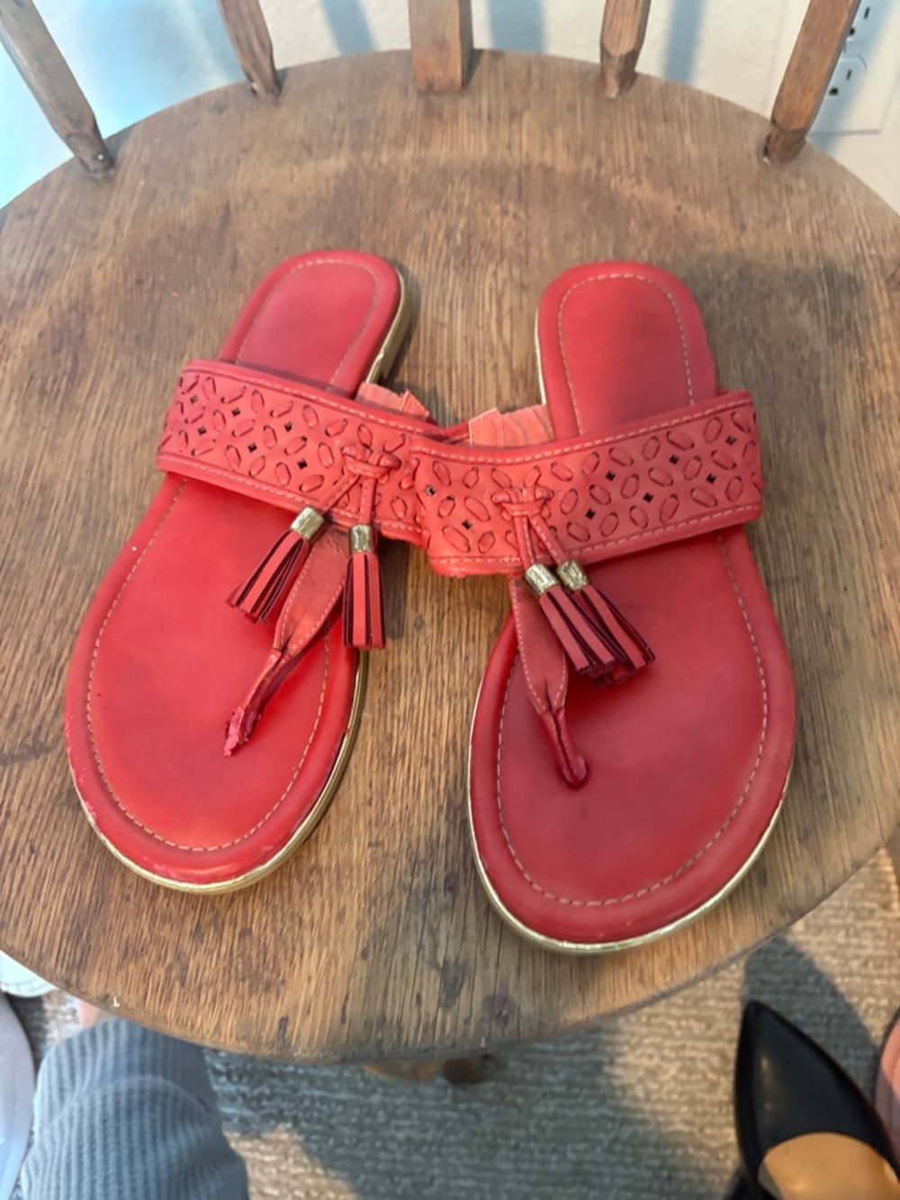 Source Unknown Red Tassel Thong Sandals with Gold Trim